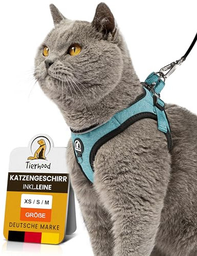 Tierhood - Katzengeschirr Set mit Leine für kontrollierte Freiheit - Softgeschirr - Komfortabel, Einstellbar & Robust - Geschirr für aktive Katzen (Blau, Größe S)