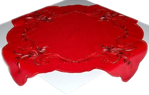 Plauener Spitze Tischdecke Weihnachten 56x56 Rot Stickerei Gold Mitteldecke Eckig Deckchen Weihnachtsdekoration Stoff Bestickt