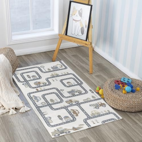 Livabliss Auto-Spielmatte Kinderteppich Waschbar - Cartoon 80x150 cm, Krabbelteppich, Spielteppich für Kinderzimmer oder Babyzimmer - Baby Teppich für Jungen & Mädchen, Creme