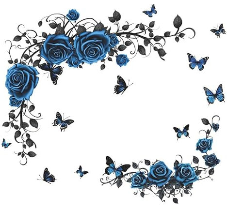 COVPAW Wandtattoo Wohnzimmer Blaue Rosen Rebe Schmetterlingen Wandaufkleber Schlafzimmer Wandsticker Kinderzimmer Küche Büro Wanddekoration (Blau)