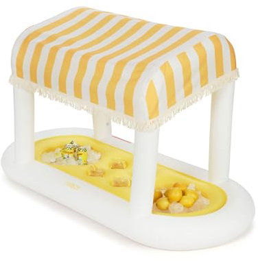 Riesige schwimmende gelbe Cabana-Streifen-Getränkestation, Abnehmbarer Stoffschirm mit Fransen, perfekt für Partys, Tischdekorationen und Erfrischungen im Pool.