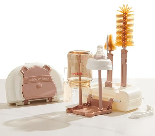 FUSACONY Baby Flaschenbürste Set, 7-in-1 Silikon Babyflaschenbürste,Saugerbürste, Strohhalmreiniger,Babyflaschen Trockenständer,Seifenspender für Flaschen und Aufbewahrungskoffer, BPA-frei (Kaffee)