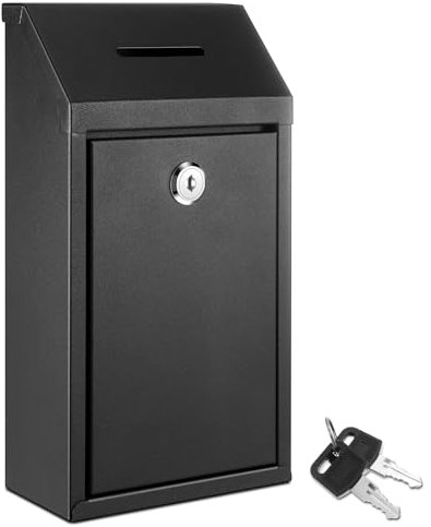 Yaocom Metall-Spendenbox, Sammelbox, sichere Vorschlagsbox mit Schloss, Wandmontage, Briefkasten, Wahlurne, Schlüsselbox für Zuhause, Büro, Außentür, Schwarz, 26 x 14 x 7 cm