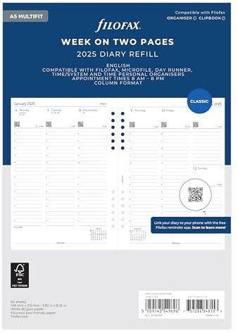 A5 Woche auf zwei Seiten, englisches Spaltenformat, Multi-Fit 2025-2568521M