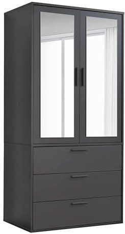 mokebo Kleiderschrank mit Spiegeltüren 2-türig & 3 Schubladen 'Der Grenzenlose', Spiegelschrank, Schlafzimmerschrank, Garderobenschrank mit Spiegel in Schwarz, Schrank aus Holz in 90x187x58 (BxHxT)