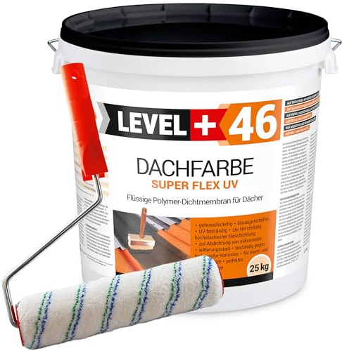LEVEL PLUS Dachfarbe 25kg Ziegelrot, Sockelfarbe, Dachlack, Dachsanierung, Flexibler Polymermembran Wetterbeständig + Farbroller 25cm Mikrofaser mit Bügel Set RM46