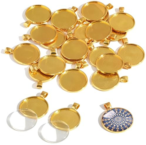 DAHI Anhänger Lünette Runde Tabletts mit 25 mm runde Glas Kuppel Fliesen klar Cameo (gold)
