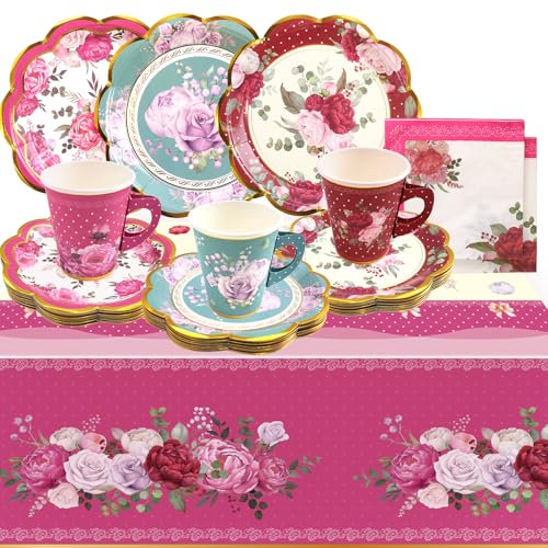 WorldBazaar Vintage Tea Party Supplies Floral Pink Dinnerware 12 Cups & Saucers, Plates, Napkins, Tablecloth
