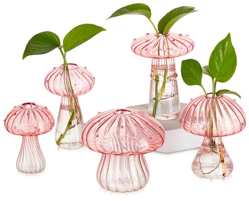 Glasseam Pilzpflanzen-Anzuchtstationen - Rosa Glas-Terrarium Glas Set mit 5 niedlichen Pflanzgefäßen für Zimmerpflanzen Dekorative Anzuchtstation Einzigartige Weihnachten Geburtstag Geschenke für