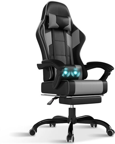 TRIUMPHKEY Sedia da Gaming Massaggiante,Sedia Gamer con Poggiapiedi Telescopico,Regolabile 90-150°,Poltrona da Gaming con Poggiatesta e Cuscino Lombare,Sedie da Ufficio,Portata 150kg(Grigio)