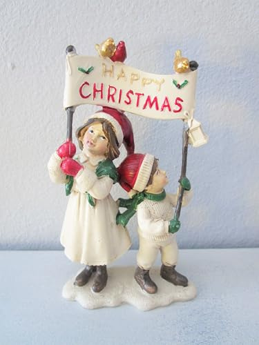 Generisch Winterkinder Kinder Happy Chistmas rot Creme Deko Weihnachten Weihnachtsdeko Landhausdeko