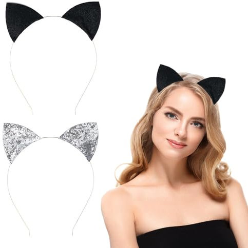 Katzenohren Haarreif, 2 PCS Cat Ears, Glitzer Katze Ohren, Katzenohren Haarreif Kinder, Katzen Ohren Damen, Catwoman Ohren, Black Cat Ears, Katzen Ohren, für Cosplay Karneval Kostüm Party (A)