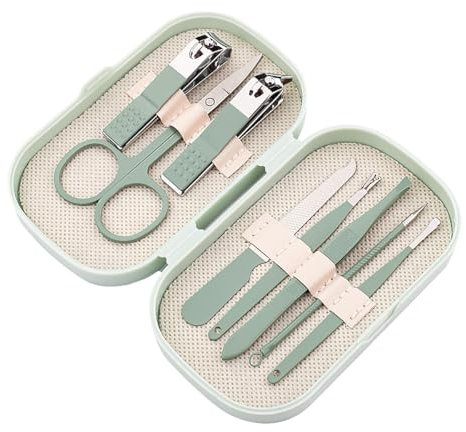 Set tagliaunghie da 8 pezzi, set tagliaunghie in acciaio inossidabile, può essere utilizzato per pulire le orecchie, tagliare le unghie, pulire i pori, strumenti di cura, set verde