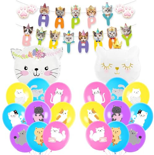 KOBOKO Katzen Deko Ballons Geburtstag, 39 Stk Katze Deko Luftballons Geburtstag Mädchen, Luftballon Katze Geburtstagsdeko Mädchen, Katze Folienballon für Babyshower, Hochzeit, Katzen Thema Party Deko