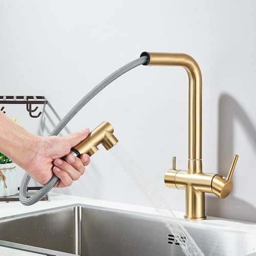 Ausziehbarer Küchenhahn mit Filter, schwarzer Messing-Wasserhahn mit 360-Grad-Drehung, Trinkwasserhahn, Mischbatterie für Waschbecken, gebürstetes Gold