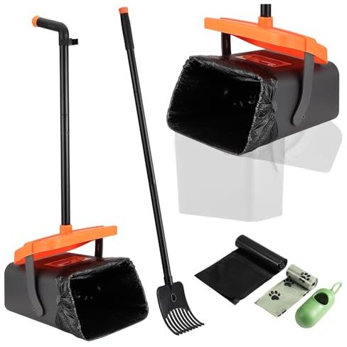 Kyrio Dog Poop Scooper, Portable Pooper Scooper, Swivel Bin and Rake Kit with Waste Bags, Length Handle, for Yard, Grass, Garden, Gravel
