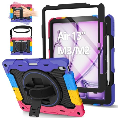 ROSROME for iPad Air 13 Inch Case 2025(M3)/2024(M2) with HD Screen Protector, Heavy Duty Full Body Shockproof Kids Cover with 360°Rotating Stand/Hand Strap/Shoulder Strap/Pencil Holder, Rainbow