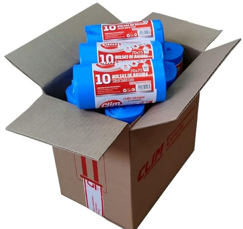 Clim Profesional 150 Bolsas Basura STRONG de 50 Litros en Color Azul y Extra Fuertes. Bolsas Perfumadas, con Autocierre, Antigoteo y Extra Resistentes. Medidas 70x75 cm. Caja con 15 rollos.