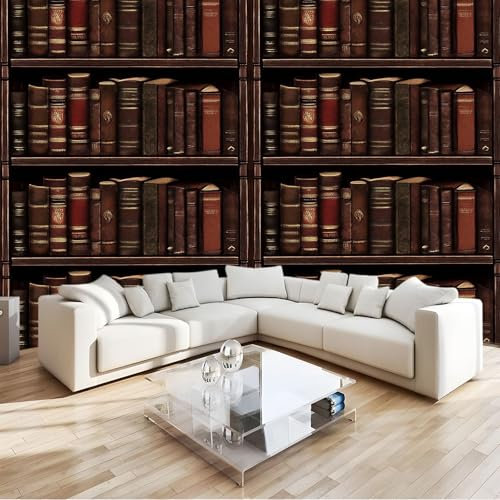 Fototapete 3D Effekt Bücherregal weinrot Vliestapete Wohnzimmer Schlafzimmer 350x256 cm Vlies Tapete Art Wandtapete UV-Beständig Wanddekoration Tapete
