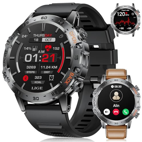 LIGE Smartwatch Herren,1.45″ AMOLED Smartwatch mit Telefonfunktion,IP68 Wasserdicht Fitnessuhr mit 24/7 Herzfrequenz,Schrittzähler,Schlafmonitor,100+ Sportmodi Sportuhr,für iOS/Android Silicone+Leder
