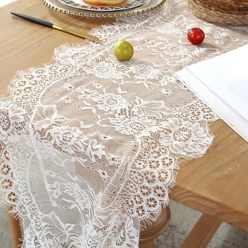 BSITSSS 2 Stück Tischläufer Hochzeit 36 x 300 cm, Tischläufer Weiß Spitzen, Spitzenstoff Tischdeko Table Runner für Hochzeit Küche Essen Urlaub Party Dekoration