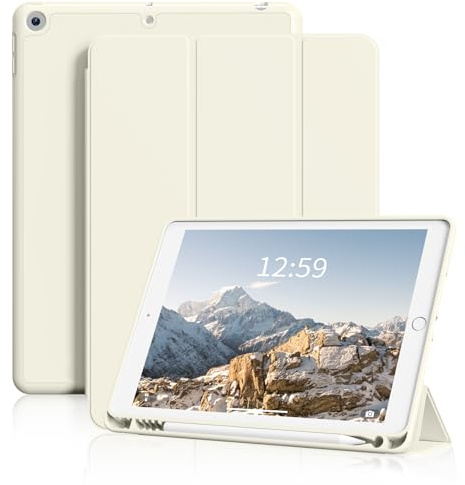 SZPSGC Hülle für iPad 9./ 8./ 7. Generation 10.2 Zoll (2021 2010 2019) mit Stifthalter, Auto Schlaf/Wake Funktion, Smart Tri-Stand Hülle mit weicher TPU Rückabdeckung, Creme Weiße