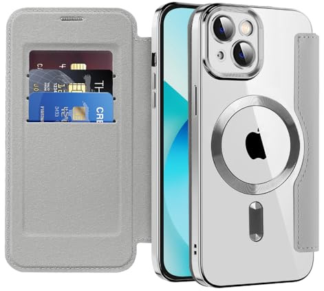 LEMAXELERS Case for iPhone 13 [Compatible with Magsafe] Flip Folio Wallet Case with Card Slot RFID Blocking Magnetic Back Clear Shockproof PU Leather Slim Cover for iPhone 13 Gray JD