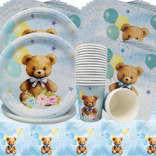 Doyomtoy Plush Bear Party Tableware, Pack of 61 Plush Bear Baby Shower Decoration, Bear Paper Plates Cups, Napkins Table Cover Bear Birthday Decoration for Children's Birthday Party Decoration Baby