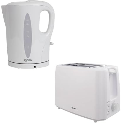 Igenix Kettle and Toaster Set, 1.7L 2200W Electric Kettle with Water Level Window & Boil-Dry Protection + 750W 2-Slice Toaster with Variable Browning Control & Crumb Tray – White