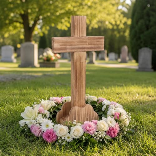 Holzkreuz mit Sockel, 53 x 30 cm Standkreuz Massiv mit Verbrannte Holzmaserung, Deko Tischkreuz Versehkreuz Modern Kruzifix, Passend zu Ostern Weihnachten Meditation Religiöse Taufe Puristen