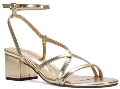 ESSEX GLAM Women's Ankle Strap Sandals Ladies Low Mid Block Heel Party Bridal Gold Metallic Faux Leather Buckle Strappy Shoes Size 6
