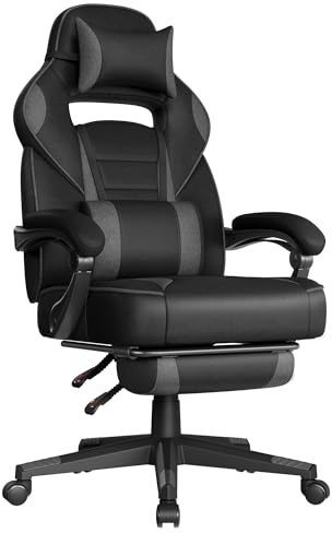 SONGMICS Gaming Stuhl, ergonomisch, höhenverstellbar, bis 150 kg belastbar | Schreibtischstuhl, ausziehbare Fußstütze, Kopfkissen, Lendenkissen, neigbare Rückenlehne, CATHY Kollektion OBG073BH20