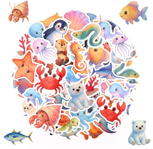 60 Stück Unterwasser-Tier Sticker, Wasserdichte Meeresleben Aufkleber Niedliche Ozean Partygeschenke & Deko für Wasserflaschen & Laptops
