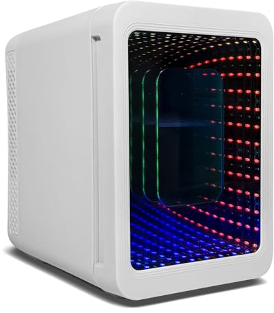 Kwanner 4L RGB Infinity LED Mirror Mini Fridge White, Gaming & Skincare Dual Use, AC/DC Portable Cooler Warmer, Quiet Compact Fridge for Bedroom Gaming Room Office Car