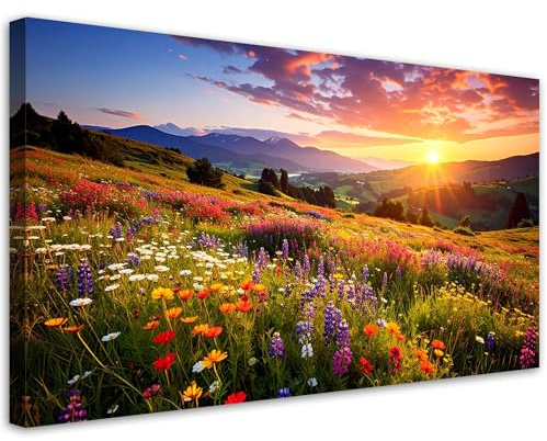 Feeby Bilder - Foto Geschenk - Wiese Feldblumen Berge Landschaft - 120x60 1tlg - Leinwandbilder Wohnzimmer - Wandbild über dem Bett - Bild Schlafzimmer - Aesthetic Zimmer Deko - Modern Pictures