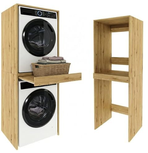 möbelkap ModernHome Waschmaschinenregal für Waschmaschine und Trockner | Waschturm Schrank mit ausziehbarer Ablage | Waschraum Möbel | Eiche Artisan | Schrank für Waschküche mit Stauraum