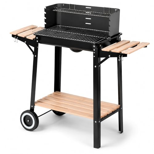 Barbecue A Carbone Con Paravento BBQ Antivento E Griglia Ripiani Laterali In Legno Ganci Per Utensili Ruote Per Facile Trasporto Perfetto Per Giardino E Campeggio 94 x 40 x 84 Cm Nero
