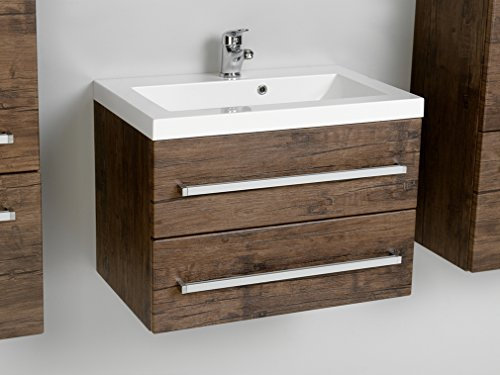 Quentis Badmöbel Genua, Breite 60 - Tiefe 39 cm, Badmöbleset 2-teilig, Waschbecken mit Unterschrank, 2 Schubladen, inkl. Softeinzug,Holzdekor antik, Waschbeckenunterschrank montiert