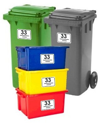Bin Stickers SET OF 5 Rounded Corners House Number Street Name Waterproof Printed Wheelie Bin Vinyl Box Crate Number Stickers and Letter A6