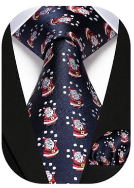 HISDERN Dunkelblau Weihnachts Krawatte für Herren Weihnachtsmannmütze Muster Xmas Party Festlich Krawatten & Einstecktuch Set Mode