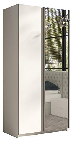 Kleiderschrank Rick 100, Elegantes Schlafzimmerschrank mit Spiegel, 100 x 216 x 64 cm, Top-Qualität Praktischer Schwebetürenschrank, Schlafzimmer, Schiebetür, viel Stauraum (Weiß)