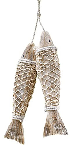 Fangoo 2 Stück Hölzerne Fisch Dekoration, Hängende Holz Fisch Wanddekoration, Antike Hand geschnitzt nautischen Holz Fisch Ornament Strand Themed Wandkunst für Hauswand Decoration