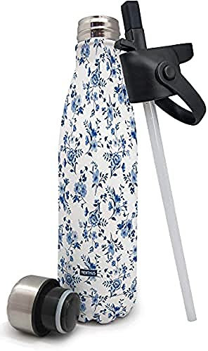 Nerthus Bouteille Isotherme Double paroi en Acier Inoxydable avec Bouchon Pajita Motif Fleurs Bleues 500 ML