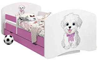 Happy Babies -LIT D'ENFANT ROSE DOUBLE FACE AVEC TIROIR Design Moderne Avec Bords Sécurisés et Matelas en Mousse Antichute 7 cm (19. Chien avec arc, 160x80)