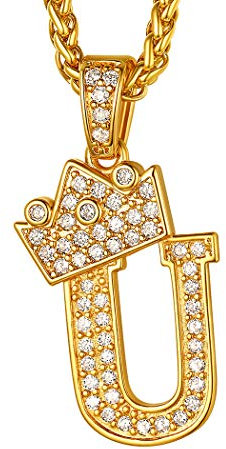 Suplight Herren Initiale Kette 18k vergoldet Weizenkette mit Iced-Out Buchstabe U Krone Anhänger Bling Bling CZ Hiphop Rapper Modeschmuck Accessoire