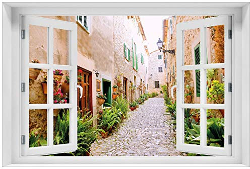 Wallario Glasbild 60 x 90 cm mit Fensterrahmen mit Fenster-Illusion: Südländische Gasse mit Alten Häusern und grüner Oase - Wandbild mit freischwebender Optik