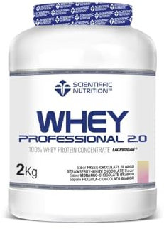 Scientiffic Nutrition - Whey Professional 2.0 Proteinas Whey en Polvo 100% Pura, para Aumentar la Masa Muscular, con Enzimas Digestivas y Lactasa - 2kg, Sabor Chocolate Blanco - Fresa.
