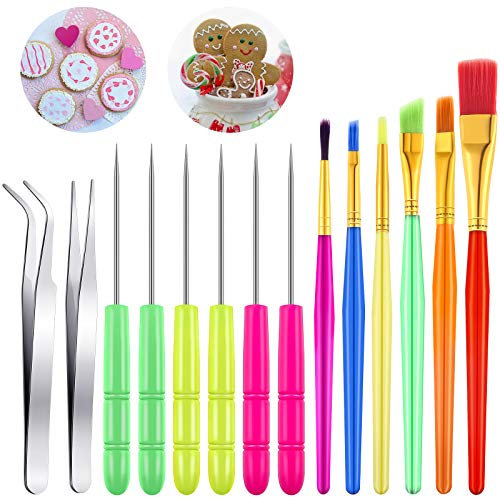 Patelai 14 Pcs Cookie Decorating Tools Set Fondant Cake Decorating Brushes Scribe Cookie Tool Sugar Stir Needle Baking Elbow and Straight Tweezers for Sprinkles Supplies for Fondant