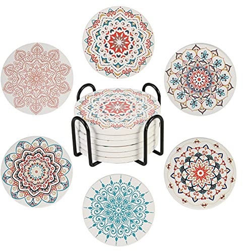 STARUBY Drink Coasters Set of 6 Ceramic Coaster Beautiful Absorbent Coaster Drink Mat with Cork Base Flower Patterns Round Coaster Non Slip for Coffee,Beer,Mug,Wine Glass Bottle,Home and Bar
