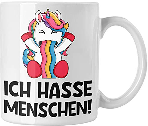 Trendation - Ich Hasse Menschen Tassen Tasse Becher Kaffeetasse Einhorn Lustig Spruch Geschenk Frauen Männer (Weiß)